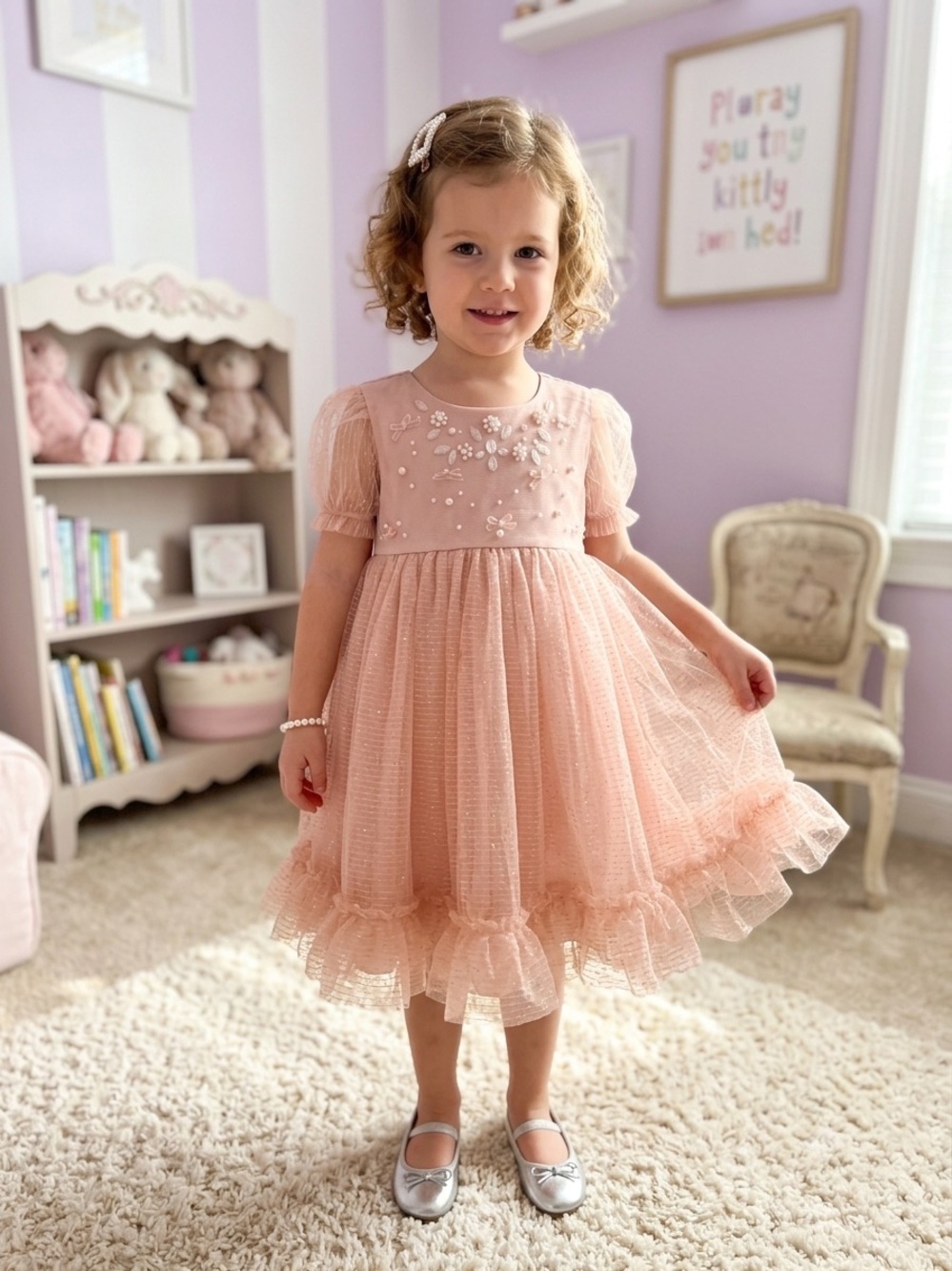 Rachel Zoe Blush Pink Tulle Party Dress with Floral Appliqué